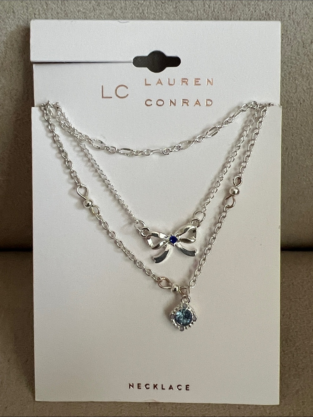 NWT LC Lauren Conrad Silver-Tone Layered Bow Necklace with Blue Accents
